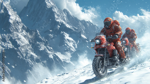 Snowy Mountain, Motorbikes Adventure, Extreme Sports in Winter Landscape