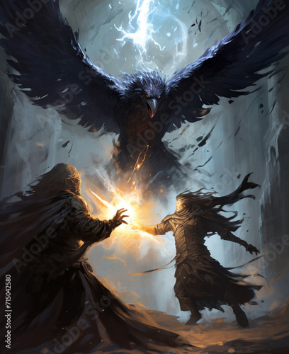 Write about the epic confrontation between the bird and a malevolent sorcerer, where the forces of light and darkness clash