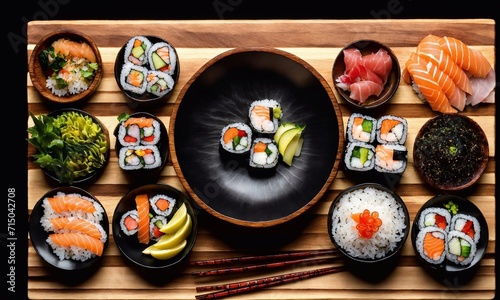 sushi on a wooden tray, Japanese cuisine