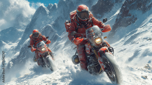Adventure expedition: Two motorbikes accept the challenge of the final ascent near the mountain top on a snow covered path. Generative Ai art photo