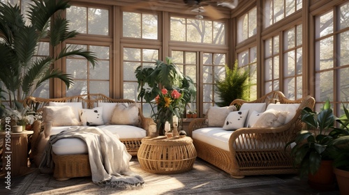 Sunlit Aesthetic: Warm and Cozy Industrial Sunroom with a Blend of Wicker Furniture - AI-Generative
