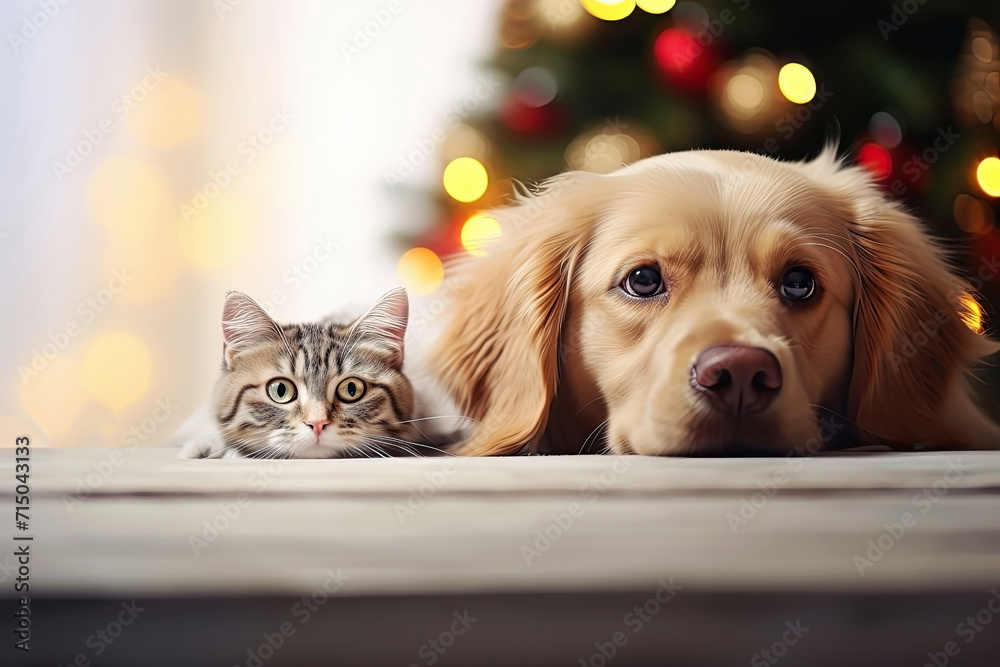 A cat and a dog peeking out from behind a wooden board. Cute puppy and kitten with a defocused background, cozy atmosphere. Promotional banner for pet shop or vet clinic. A cat and a dog peeking out from behind a wooden board. Cute puppy and kitten with a defocused background, cozy atmosphere. Promotional banner for pet shop or vet clinic.