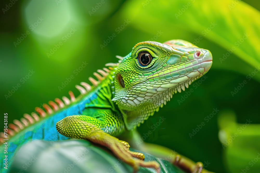 Fototapeta premium Green lizard. Beautiful animal in the nature habitat. Lizard from forest. Green Garden Lizard, Calotes calotes, detail eye portrait