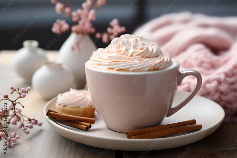 Hot drink with whipped cream and cinnamon, beside pink scarf and flowers. Image for lifestyle magazine and coffee-related marketing. Cafe and holiday concept. Banner with copy space. Hot drink with whipped cream and cinnamon, beside pink scarf and flowers. Image for lifestyle magazine and coffee-related marketing. Cafe and holiday concept. Banner with copy space.