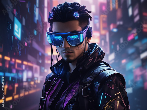 Depict a skilled cyberpunk hacker in a futuristic setting, surrounded by holographic interfaces, intricate code, and virtual reality elements designs.