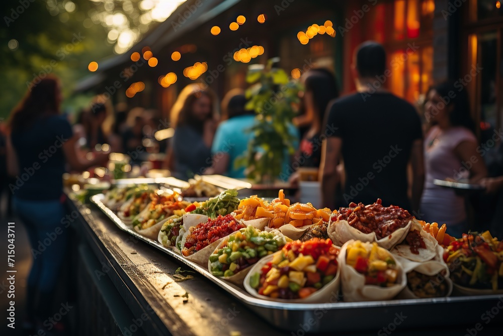 Evening street food buffet amidst a lively social gathering