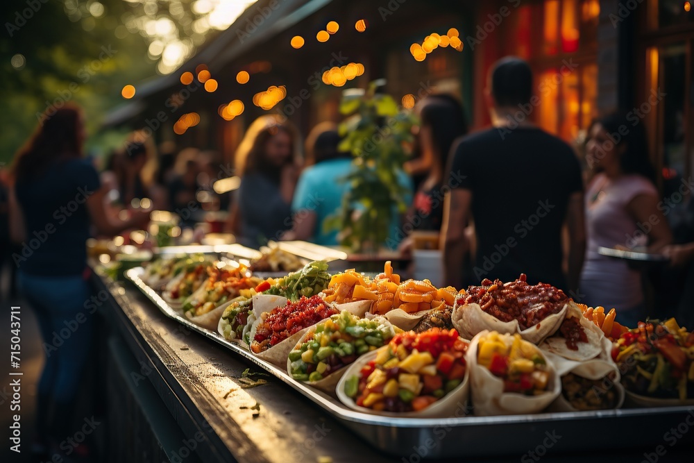 Evening street food buffet amidst a lively social gathering Evening street food buffet amidst a lively social gathering