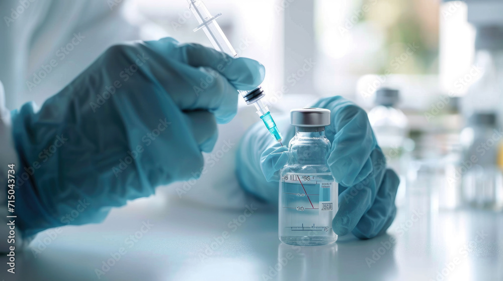 Close-up of a person's hands wearing blue gloves while drawing a clear liquid from a vial into a syringe, suggesting a medical or laboratory setting. Close-up of a person's hands wearing blue gloves while drawing a clear liquid from a vial into a syringe, suggesting a medical or laboratory setting.