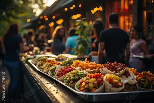 Evening street food buffet amidst a lively social gathering