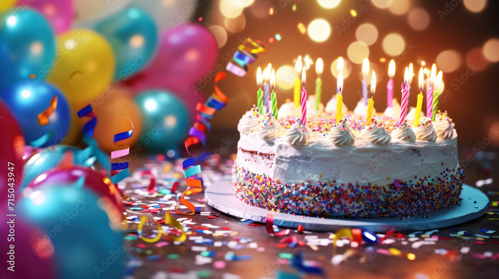 Birthday background with birthday cake with candles and colorful balloon Birthday background with birthday cake with candles and colorful balloon