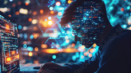 A concentrated man works on a computer and conducts analysis using neural networks. Worldwide interface. The young man absorbs information. Technology concept. photo