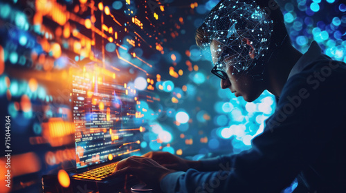 A concentrated man works on a computer and conducts analysis using neural networks. Worldwide interface. The young man absorbs information. Technology concept. photo
