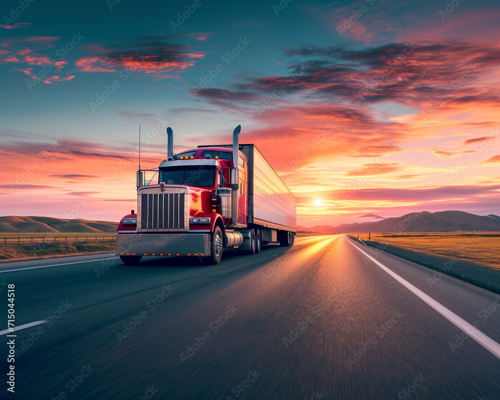 truck for highway transport at sunrise