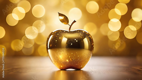 Gold apple on golden shiny bokeh background.
Generative AI