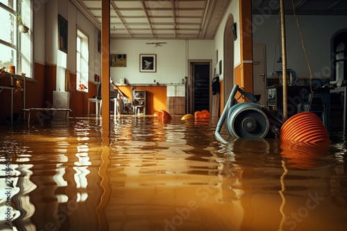 Cleaning flooded room: deep water, mop, water damage, rain, snowmelt, pipe burst, selective focus on cable. Generative AI