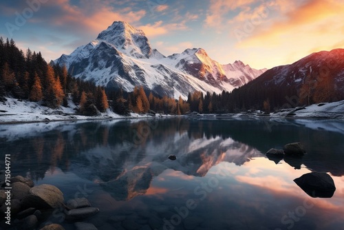  sunset in the mountains at a calm lake reflecting the peaks