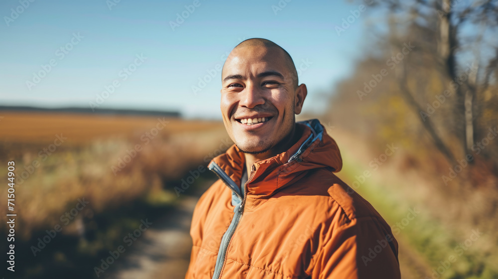 Middle-aged man smiling at the camera, outdoors during daylight with soft focus on a nature background. Middle-aged man smiling at the camera, outdoors during daylight with soft focus on a nature background.