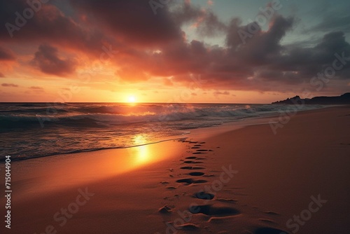 Capture a stretch of sandy beach at sunset, with the waves gently washing away footprints