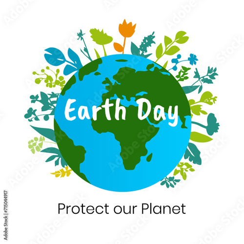 World Environment Day. Minimalist vector background in flat style, earth earth surrounded by flowers. Design for postcard, poster, banner, social media with Protect our Planet caption.