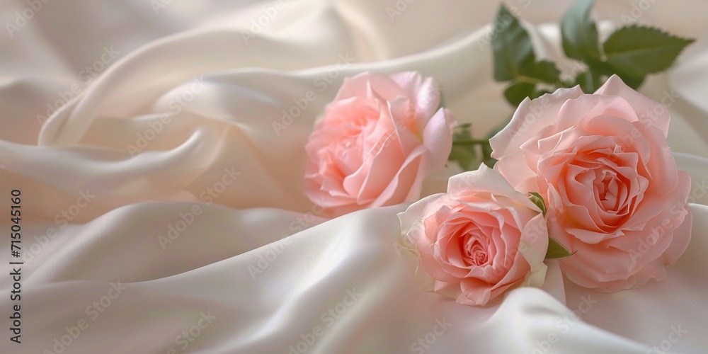 pink roses on soft silk background with copy space, for Women's Day, Mother's Day, Valentine's Day, Wedding concept. Copy space.