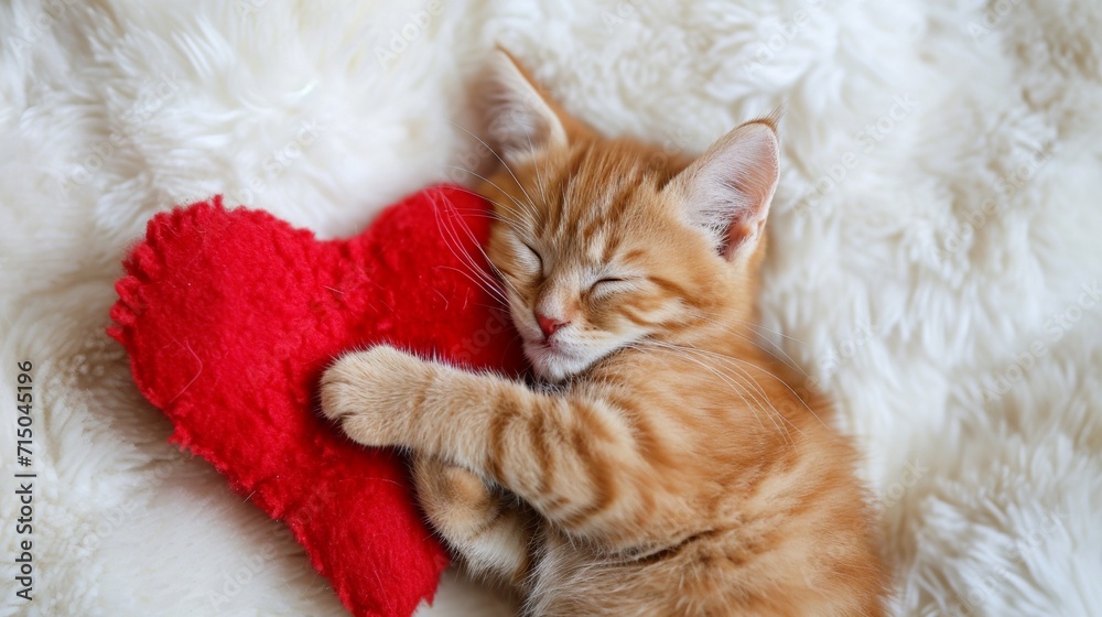 Kitten sleeping on the heart-shaped pillow, cozy Valentine's day card idea, lazy and chilled Valentine, copy space. Kitten sleeping on the heart-shaped pillow, cozy Valentine's day card idea, lazy and chilled Valentine, copy space.