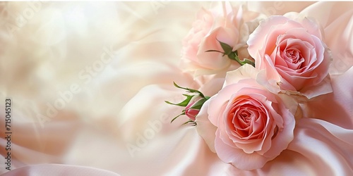 pink roses on soft silk background with copy space, for Women's Day, Mother's Day, Valentine's Day, Wedding concept. Copy space.