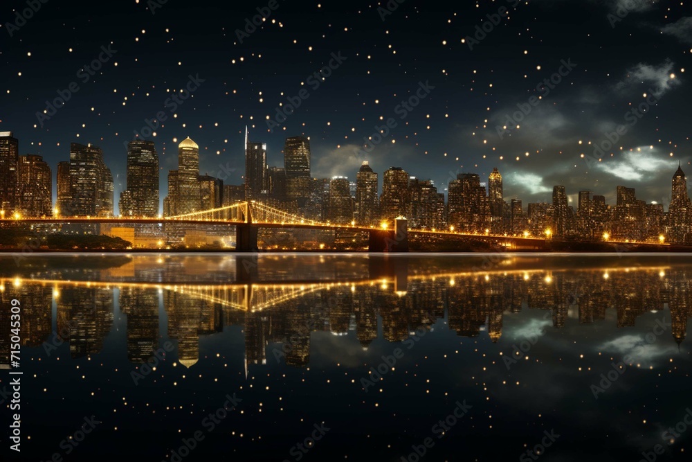Capture the shimmering reflections of city lights in a river at night.