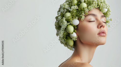 Beauty girl with white flowers and green Easter eggs decorated wreath hairstyle isolated on white, side view, eyes closed, copy space.