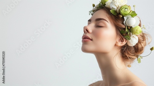 Beauty girl with white flowers and green Easter eggs decorated wreath hairstyle isolated on white, side view, eyes closed, copy space.