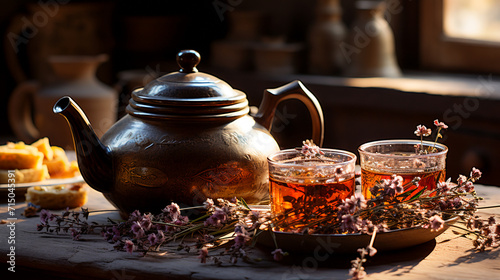 Tea Moments. Teapot and Steeping Tea Leaves