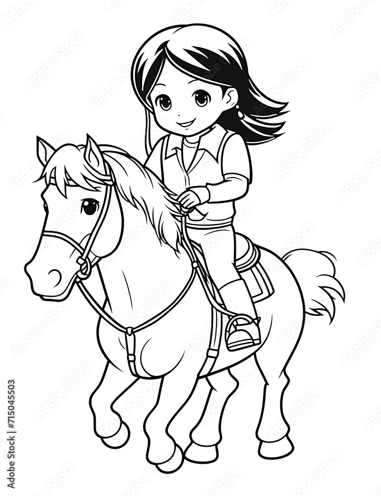Cute Girl Riding Pony Picture to Color background.Doodle coloring page for kids. Black white illustration Cute Girl Riding Pony Picture to Color background.Doodle coloring page for kids. Black white illustration