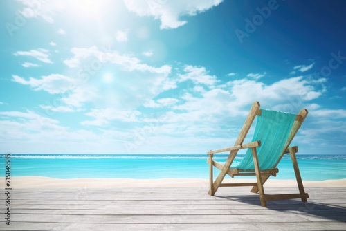 Tropical beach, summer landscape with beach chair, free space for text, relaxation and tranquility