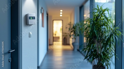 Modern alarm system with sensors strategically placed to detect any unauthorized entry. [Alarm system with strategic sensors