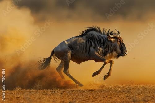 Blue wildebeest running in dust - Kalahari desert - South Africa