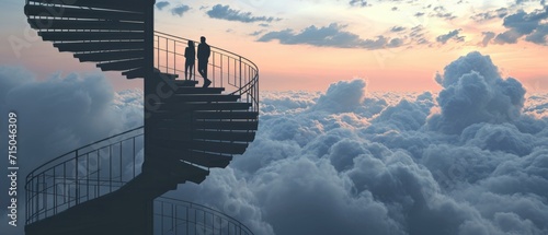 A man climbs a spiral staircase towards the clouds. Generative AI. photo