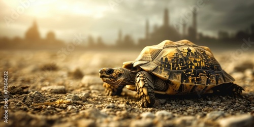 A tortoise and a city in the background. Generative AI. © serg3d
