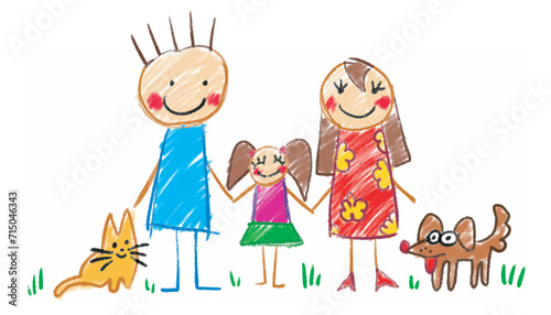 Happy family, stylized kid's drawing, outline is separated