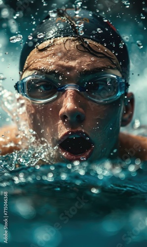 A victorious swimmer emerges from the water, gasping for breath after a race. Generative AI. © serg3d