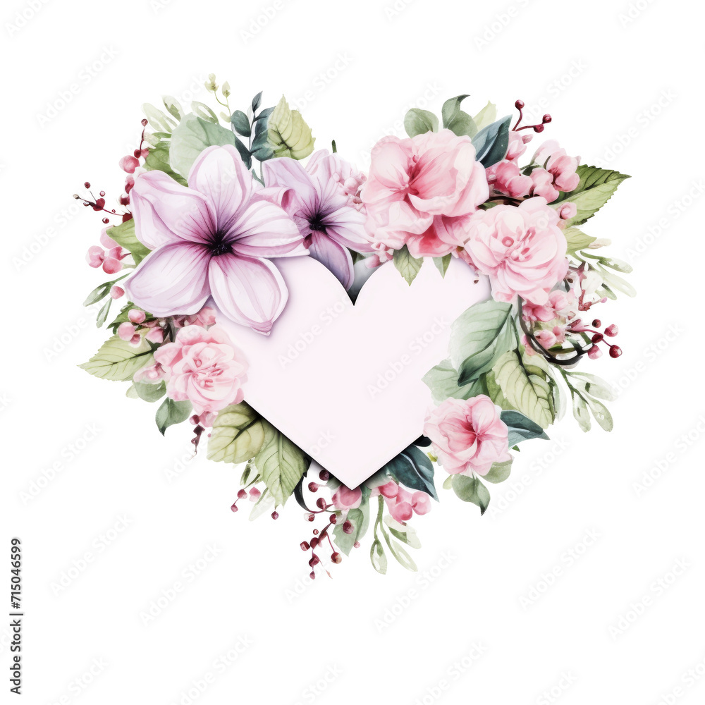 A heart-shaped frame surrounded by a delicate composition of pastel pink flowers. Blank card for valentines day