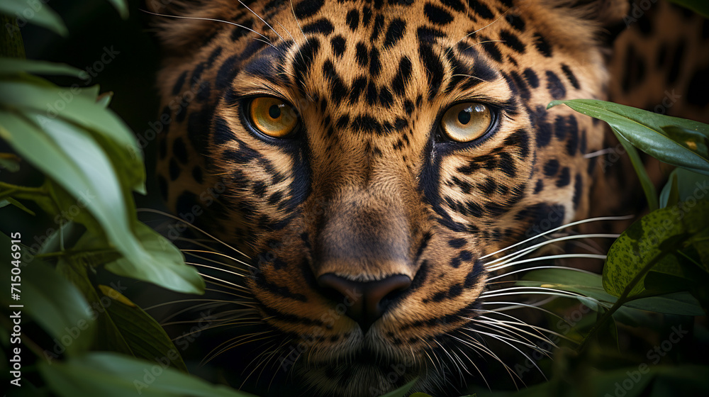 The leopard hiding in the jungle foliage The leopard hiding in the jungle foliage