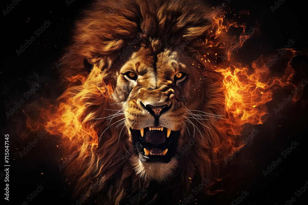 Lion in the fire. The concept of power and energy. Generative Ai