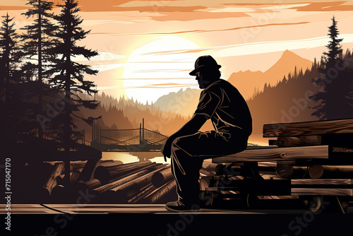 Man sitting on a bench by the lake at sunset. Generative Ai