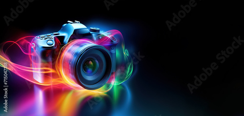 Digital camera with neon lights on black background, panoramic layout. Generative Ai