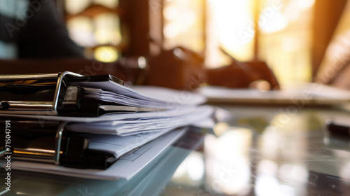 Large stack of paperwork with binder clips on a desk, with the blurred image of a person's hand holding a pen in the background photo