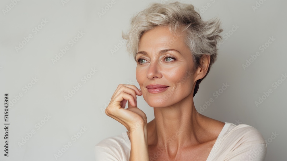 portrait of a beautiful woman 50 years old with natural makeup in a beige T-shirt on a neutral background. The concept of natural beauty and anti-age care - obrazy, fototapety, plakaty 