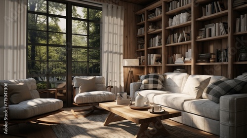 Inviting Atmosphere in a Contemporary Farmhouse Reading Room with Abundant Natural Light and Modern Design Elements - AI-Generative