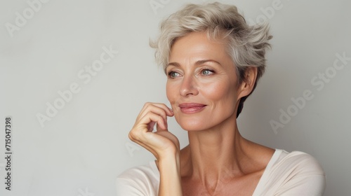 Slika na platnu portrait of a beautiful woman 50 years old with natural makeup in a beige T-shirt on a neutral background