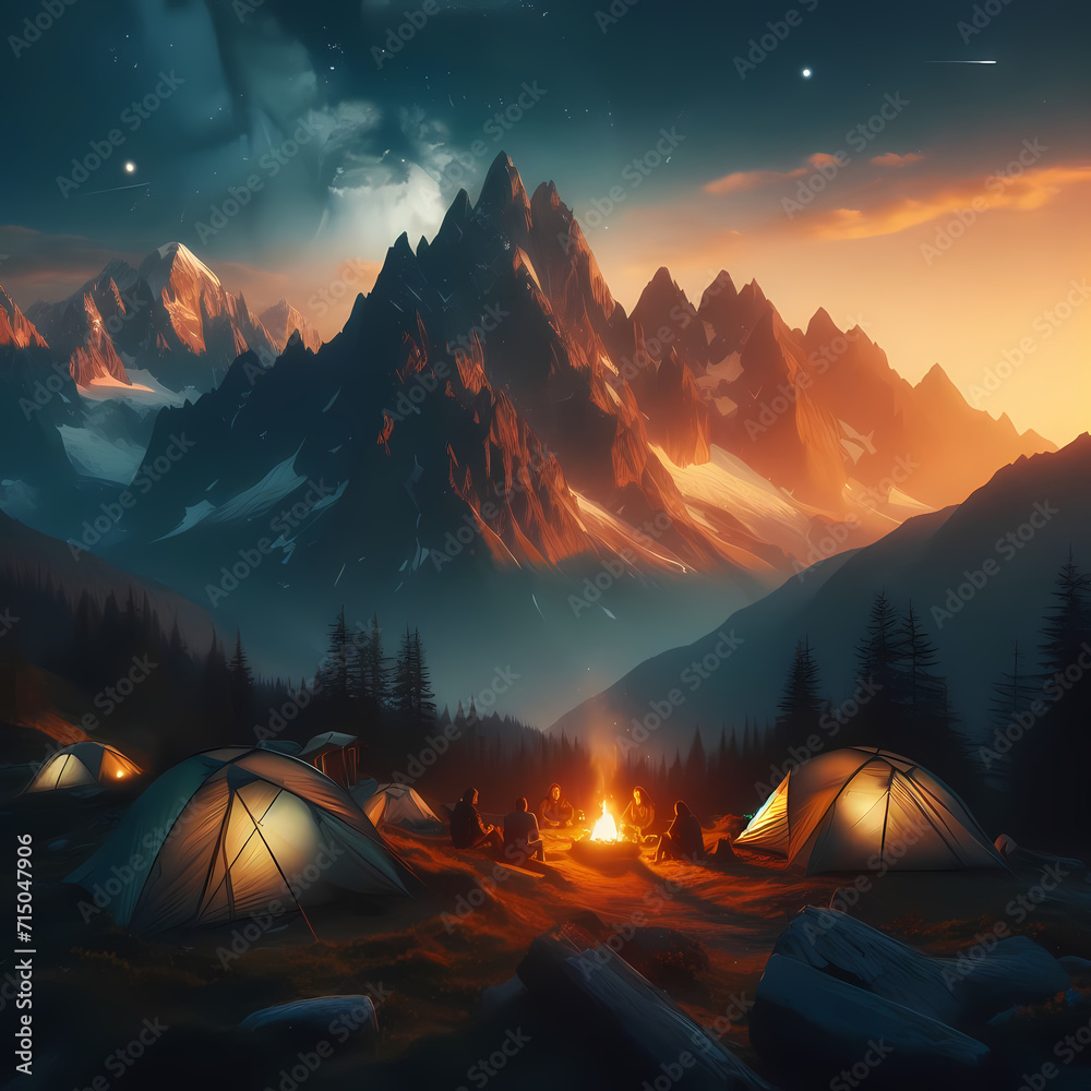 the essence of a serene mountain camping experience with a visual narrative of tents nestled against the breathtaking backdrop of towering peaks, Generative Ai
