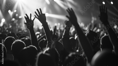 Fotografia Monochrome image of a crowd at a concert, with many hands raised in the air, silhouetted against bright stage lights
