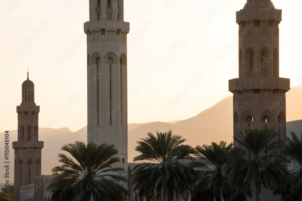 Muscat, Oman - January 05,2024 : View on Sultan Qaboos grand mosque architecture in Muscat.